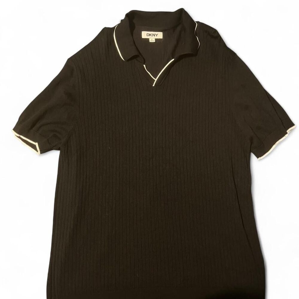 Black Johnny Collar DKNY polo shirt with white contrast stitching